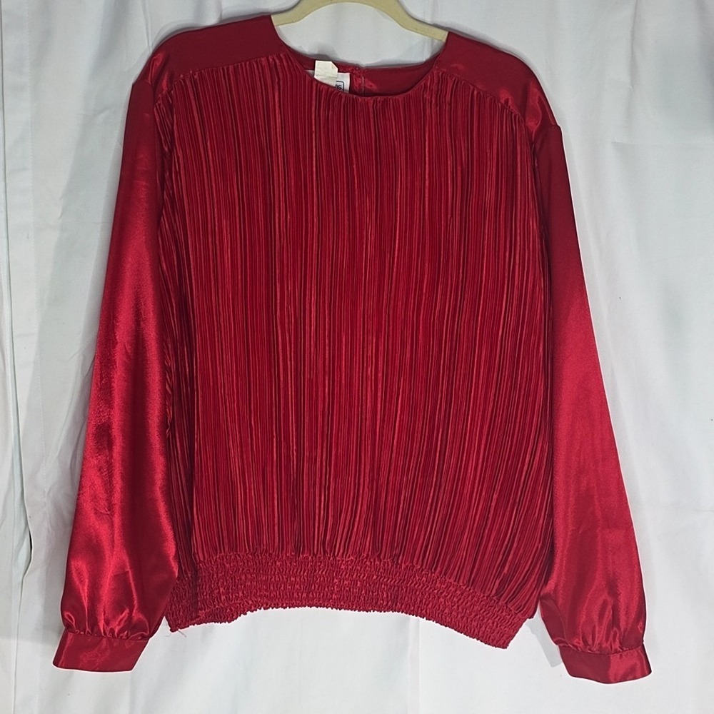 Impressions Satin Top 24W Red Long Sleeve Pleated Elastic Waist Career Holiday